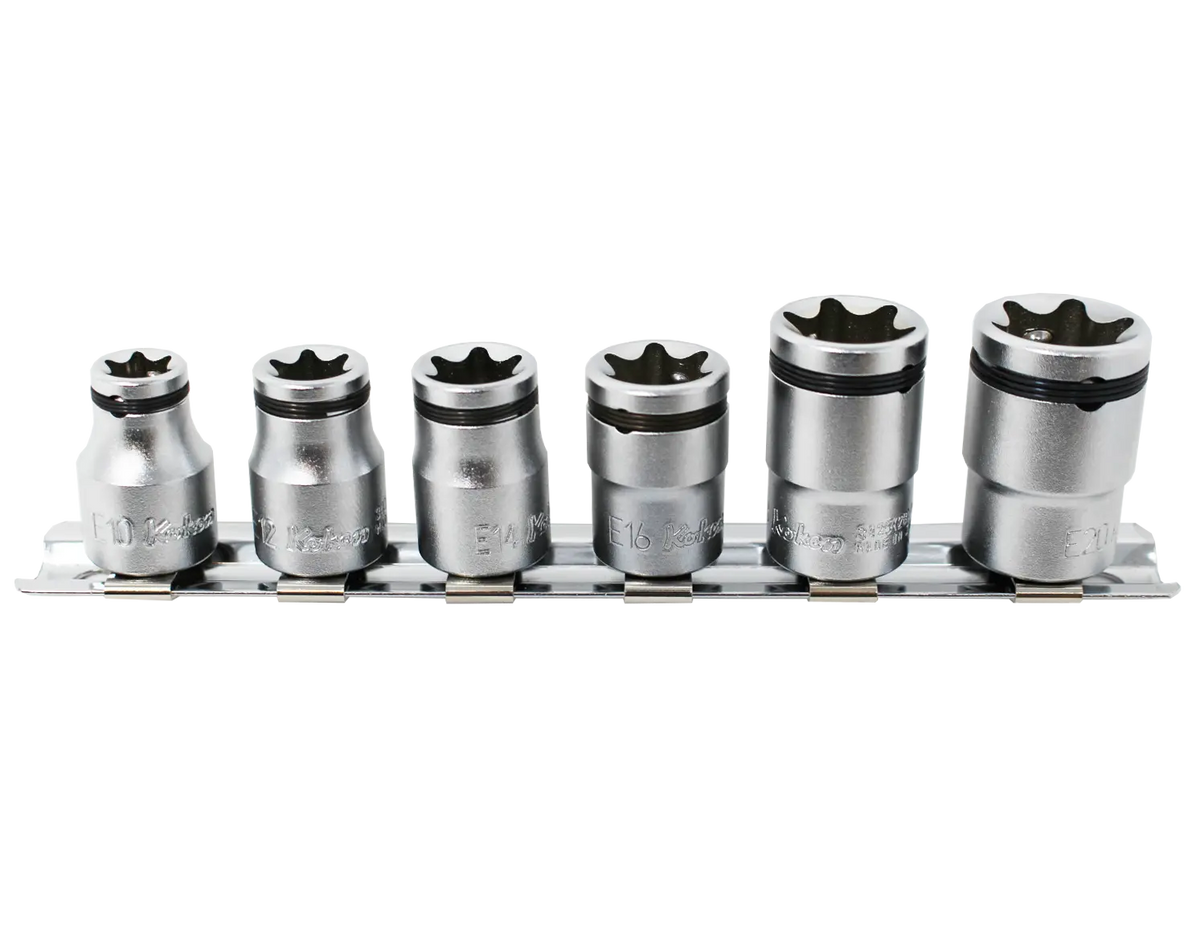 3/8 Sq. Dr. 6 Piece NUT GRIP® TORX® Socket set E10-E20 - Ko-ken USA 3/8 Sq. Dr. 6 Piece NUT GRIP® TORX® Socket set E10-E20 - Ko-ken USA