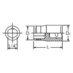 1/4 Sq. Dr. Adaptor 1/4 For 1/4H Bit Length 22.5mm - Ko-ken USA