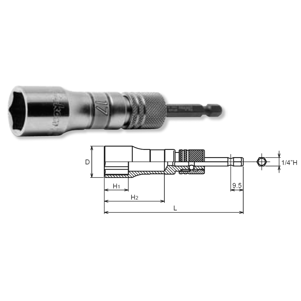1/4 Hex Dr. Long Socket 17mm 6 point 111mm Exchangeable Drive 1/4 Hex Dr. Long Socket 17mm 6 point 111mm Exchangeable Drive